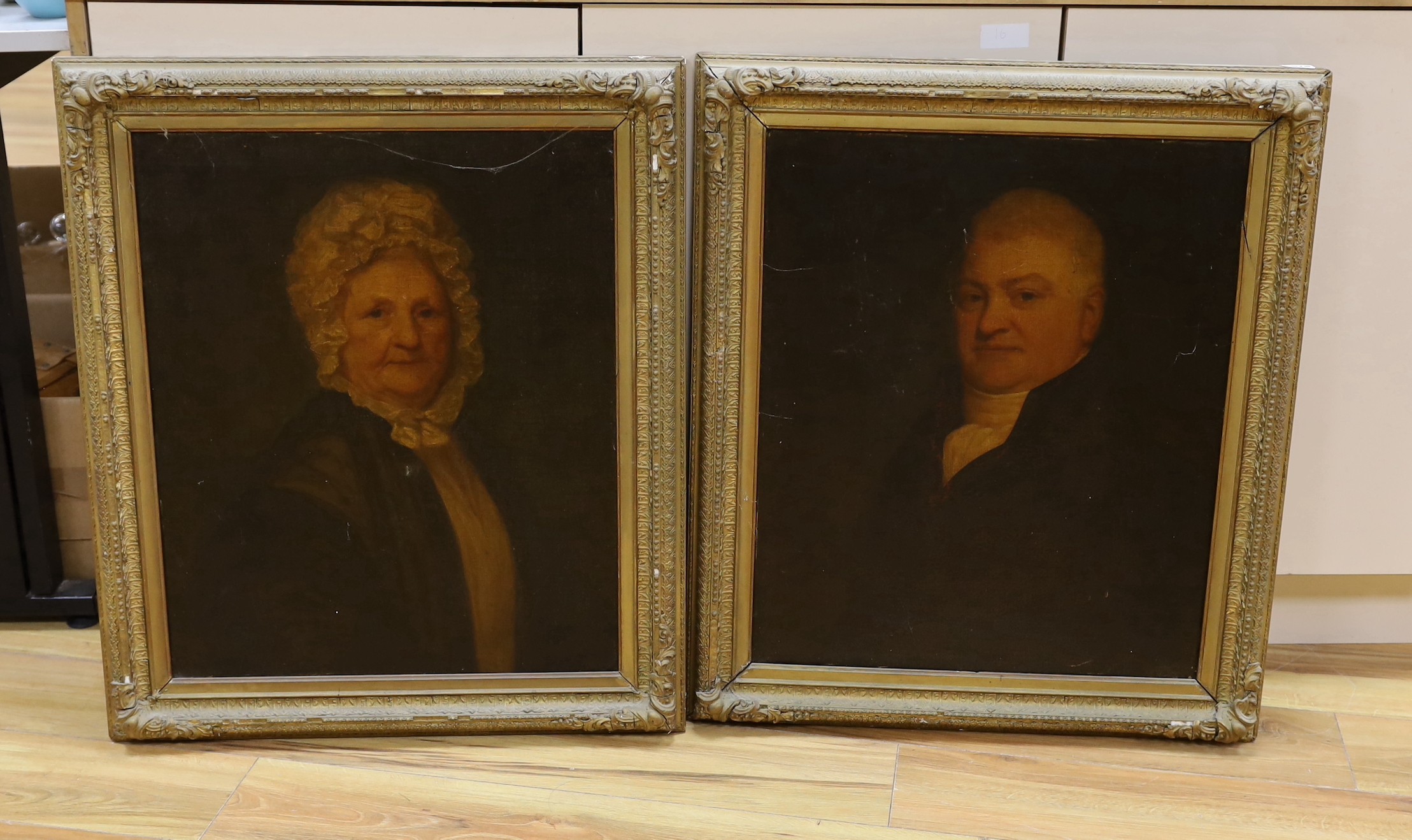 English School, 19th century, pair of oils on canvas, gilt framed portraits, 60 x 50cm